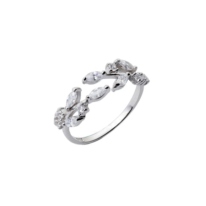 Sterling Silver CZ Leaf Branch Ring Rhodium Rose Gold