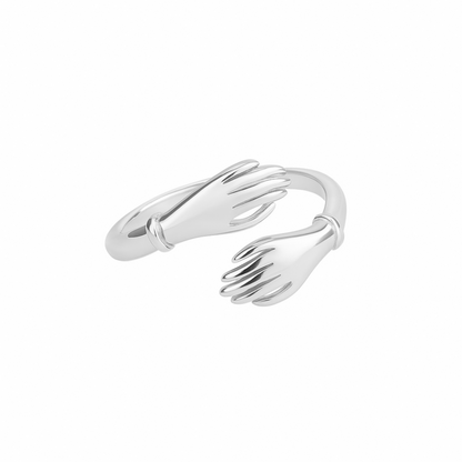 Sterling Silver Shiny Polished Hugging Hands Ring – Friendship Love Gift, Two Finishes