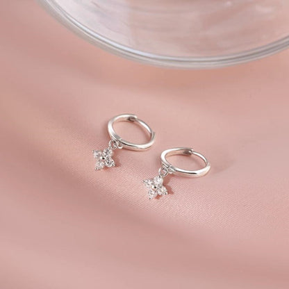 Sterling Silver Flower Hoop Earrings with CZ Charm - Hinged Huggie - 2 Tones - sugarkittenlondon