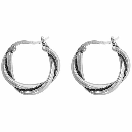 Sterling Silver Oxidized Solid 19mm Sleeper Twist Knot Creole Hoop Earrings