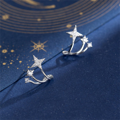 Sterling Silver Triple Shooting Star Polaris CZ Curvy Huggie Stud Earrings - sugarkittenlondon