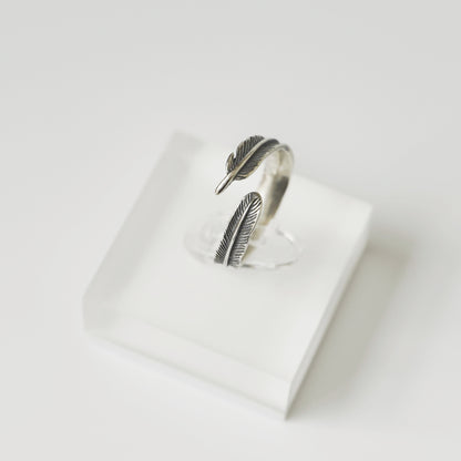 Sterling Silver Oxidised Feather Wing Angel Leaf Wrap Open Pinky Ring