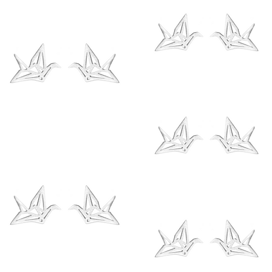 5 Pairs Sterling Silver Matte Brushed Origami Crane Bird Stud Earrings 16 x 12mm