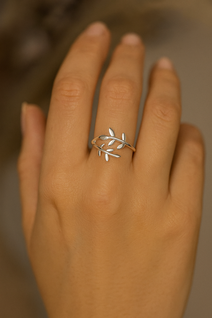 Sterling Silver Olive Leaf Laurel Wreath Roman Wrap Ring with Adjustable Size
