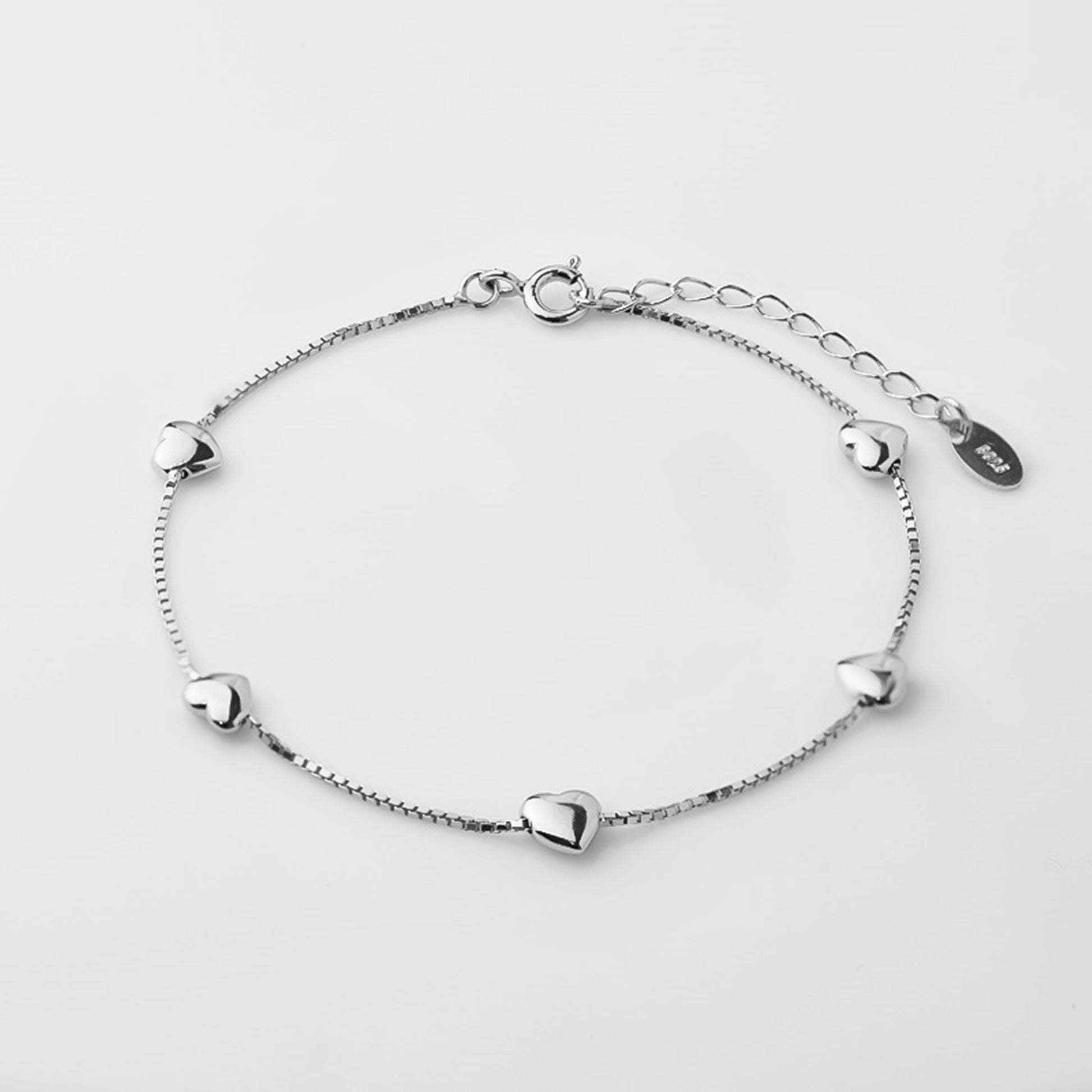 Love Hearts Bracelet in Rhodium Plated Sterling Silver with Box Chain - sugarkittenlondon