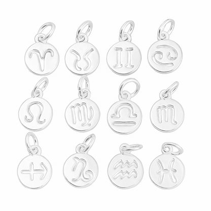 Sterling Silver 12 Monthly Horoscopes Zodiac Signs Disc Circle Charm Pendant