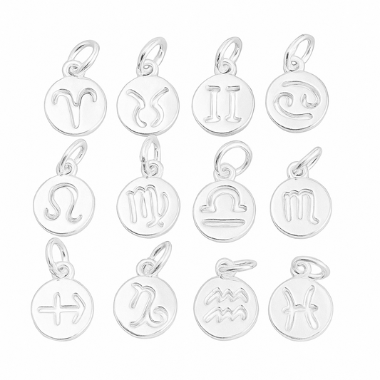 Sterling Silver 12 Monthly Horoscopes Zodiac Signs Disc Circle Charm Pendant