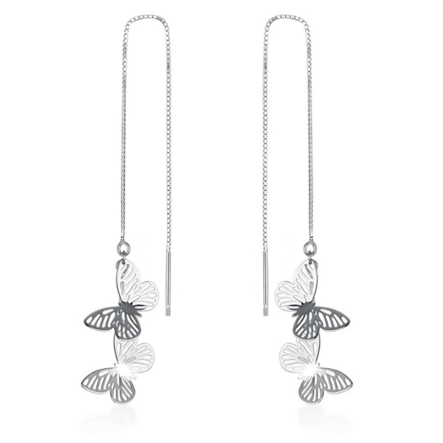 Sterling Silver Butterfly Light Dangle Drop Pull Through Threader Earrings