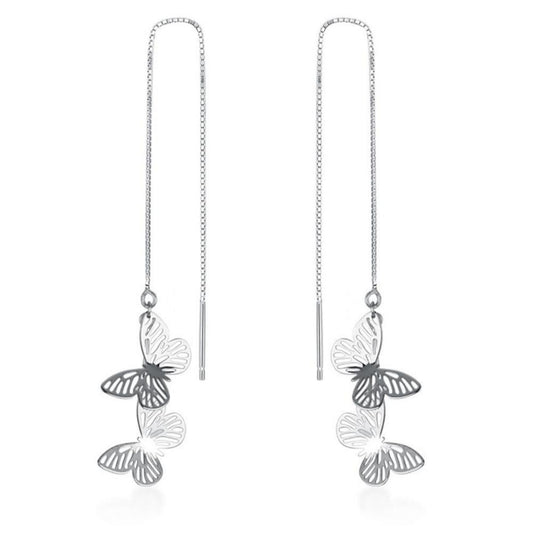 Sterling Silver Butterfly Light Dangle Drop Pull Through Threader Earrings