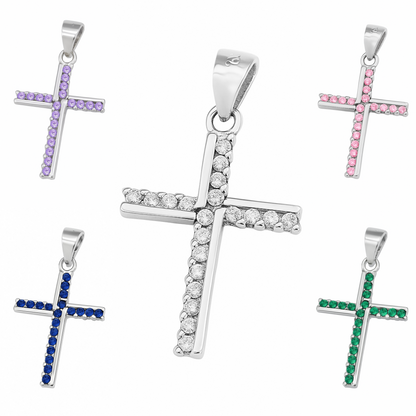 Sterling Silver Half Eternity CZ Paved Christian Cross Pendant
