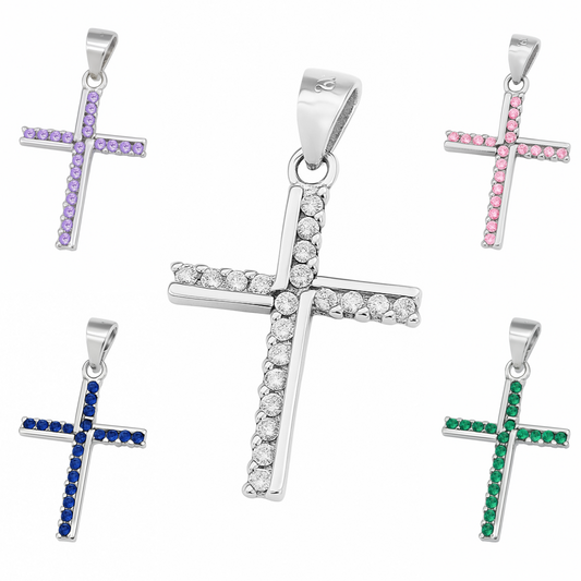 Sterling Silver Half Eternity CZ Paved Christian Cross Pendant