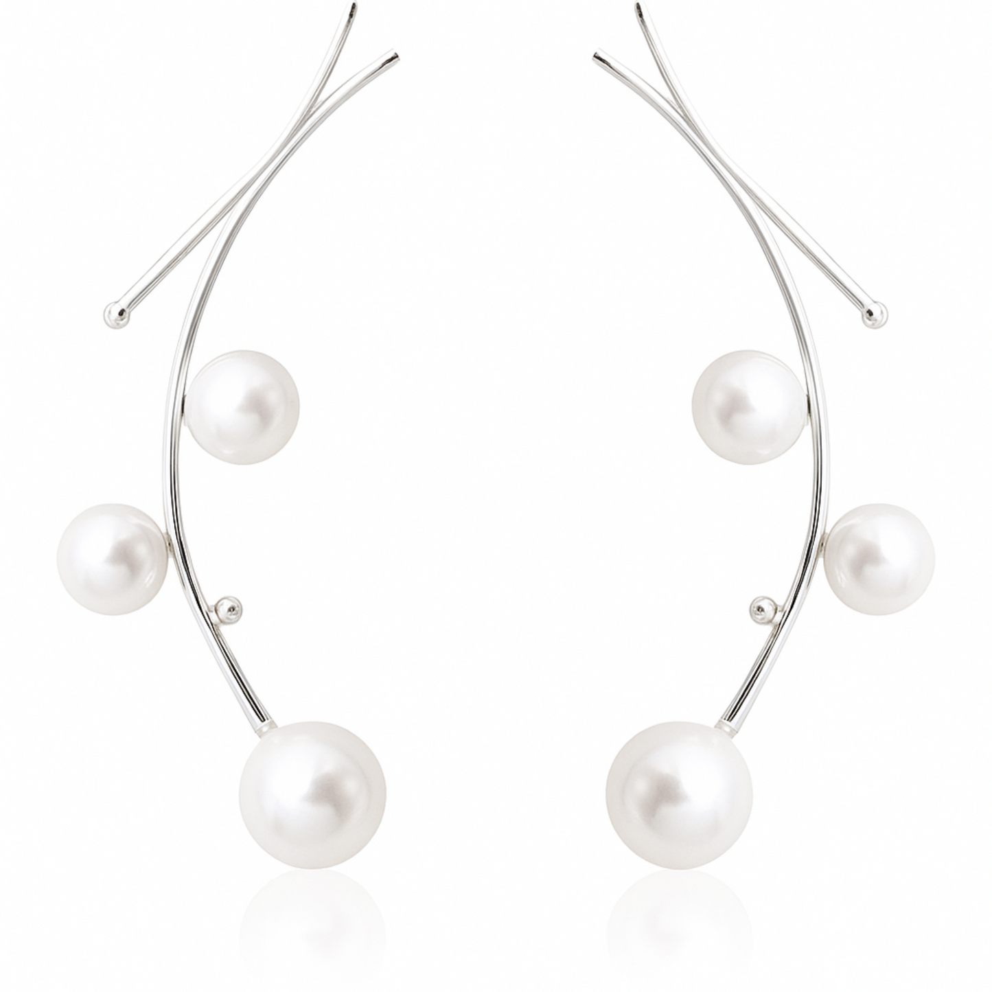 Sterling Silver Seashell Pearl Long Drop Mistletoe Branch Post Earrings