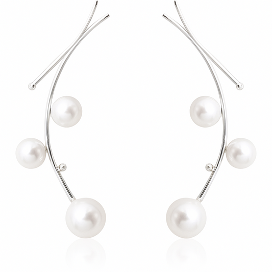 Sterling Silver Seashell Pearl Long Drop Mistletoe Branch Post Earrings