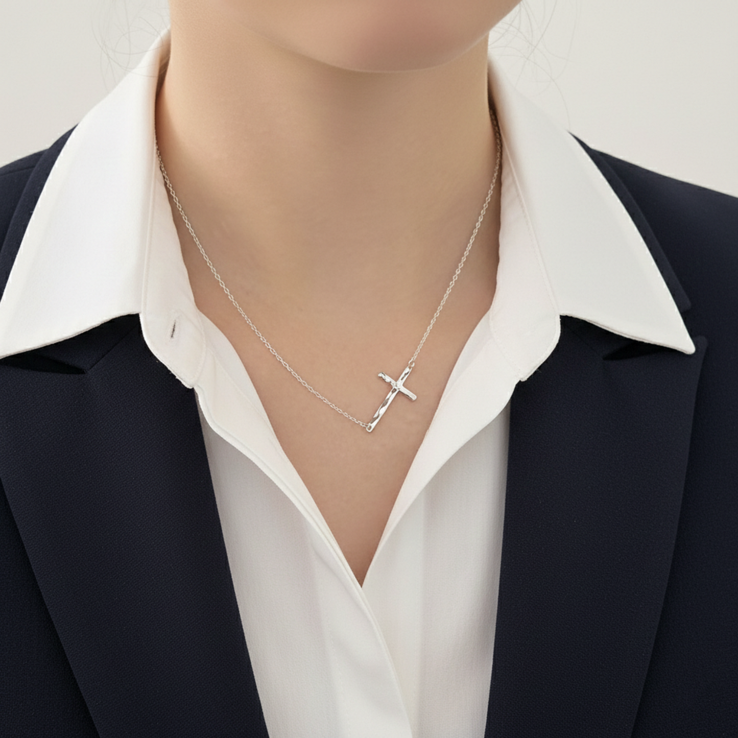 Sterling Silver Reversible Organic Texture Sideways Cross Necklace 42.5cm 16.7"