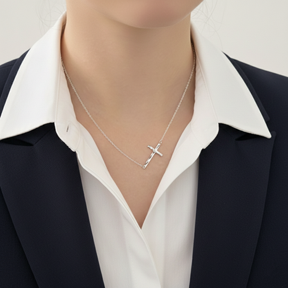 Sterling Silver Reversible Organic Texture Sideways Cross Necklace 42.5cm 16.7"