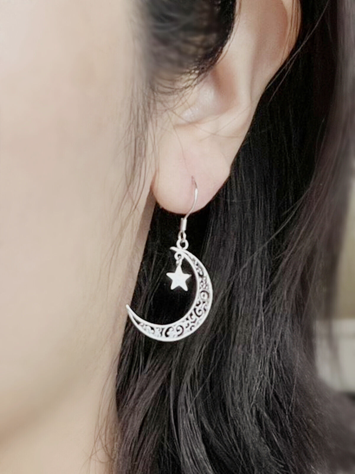 Sterling Silver Filigree Dangle Drop Earrings with Crescent Moon and Star - sugarkittenlondon