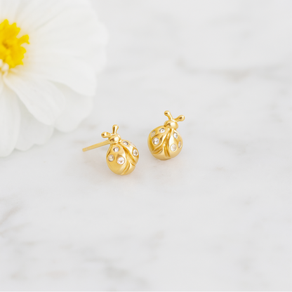 18K Gold on Sterling Silver Ladybird Stud Earrings with CZ