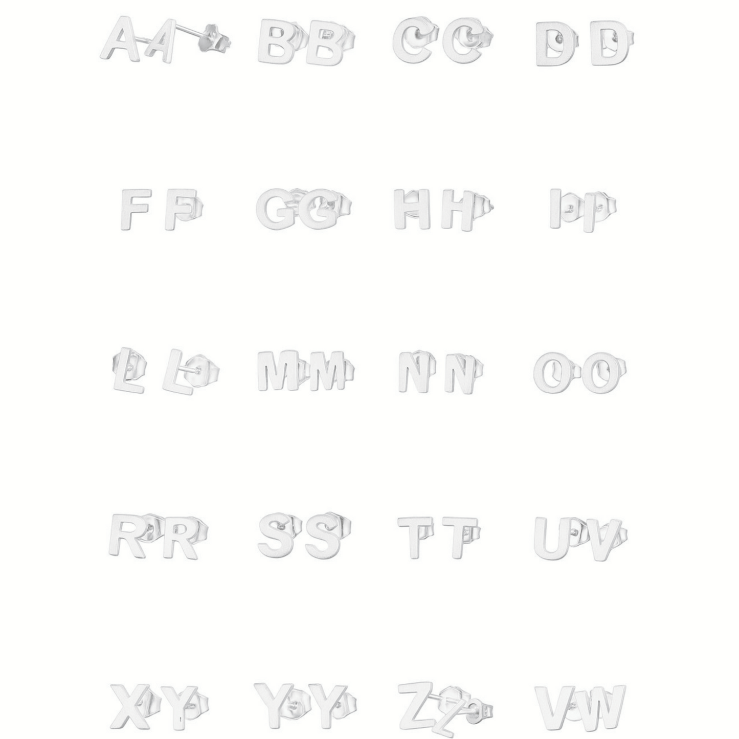 A–Z initial stud earrings, silver-tone letter studs in assorted pairs