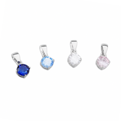 Sterling Silver 6mm Cubic Zirconia Diamanté Pendant Necklace Clear Pink Blue Topaz Sapphire Blue