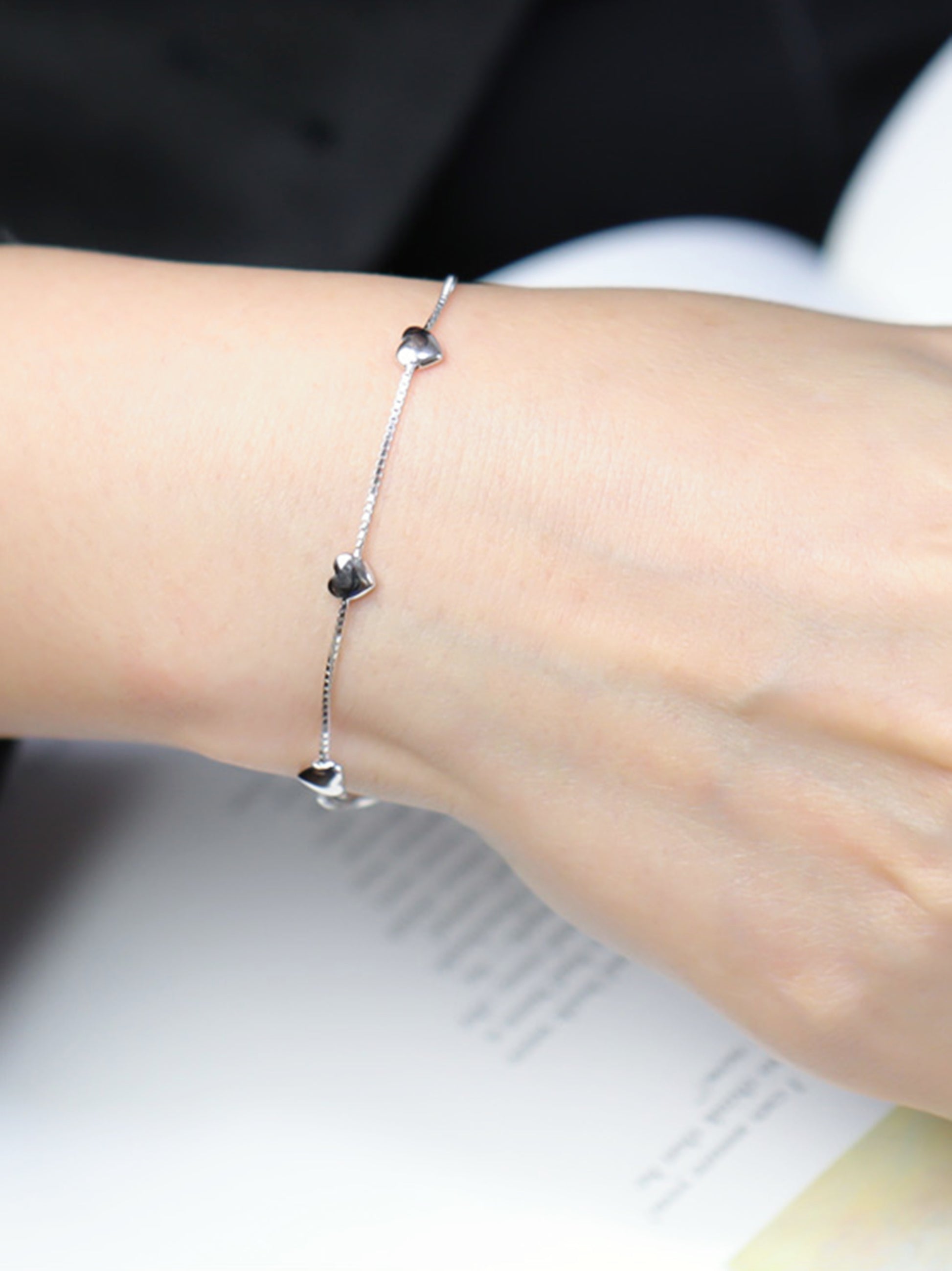 Love Hearts Bracelet in Rhodium Plated Sterling Silver with Box Chain - sugarkittenlondon