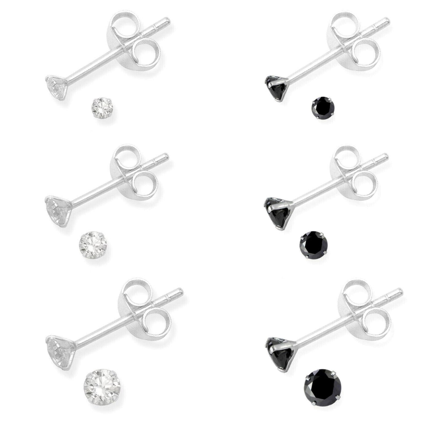 Sterling Silver 2mm 3mm 4mm Clear Black Round 4 Claw Cubic Zirconia Stud Earrings - sugarkittenlondon