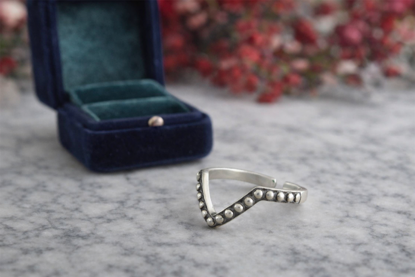 Sterling Silver Oxidised Chevron Ring with Beaded Stacking Design