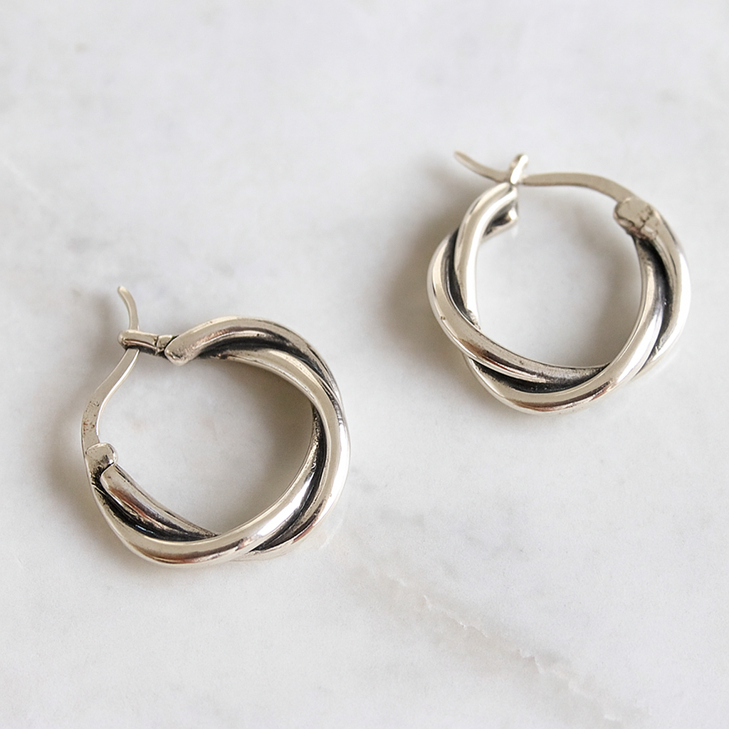 Sterling Silver Oxidized Solid 19mm Sleeper Twist Knot Creole Hoop Earrings