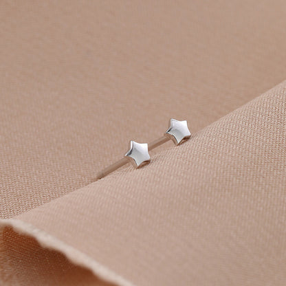 Sterling Silver 3mm Puffy Star Stud Earrings Rhodium Plating