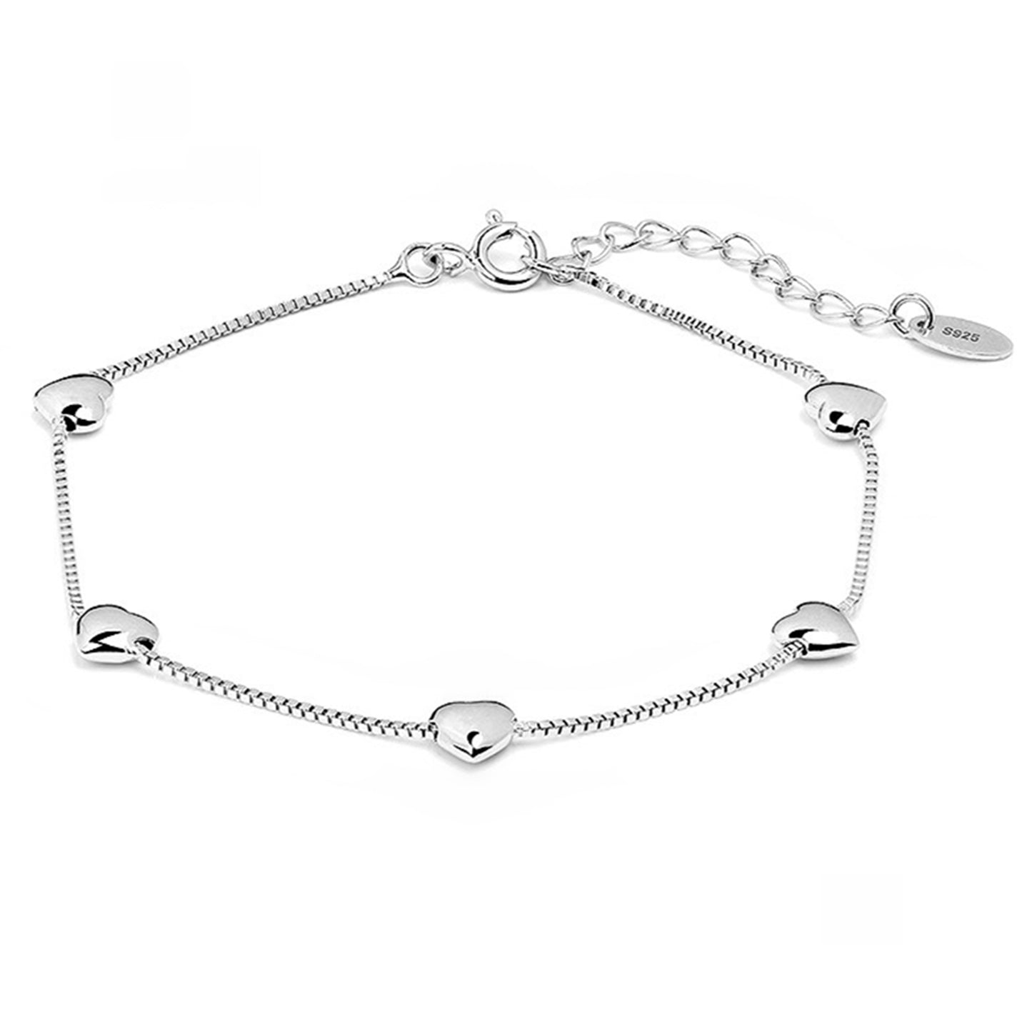 Love Hearts Bracelet in Rhodium Plated Sterling Silver with Box Chain - sugarkittenlondon