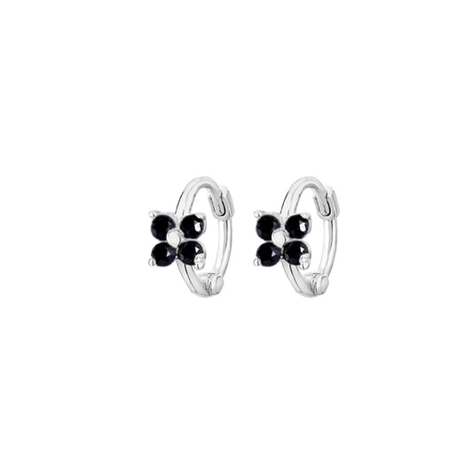 6mm Sterling Silver Flower CZ Huggie Hinged Earrings with Black Star - sugarkittenlondon