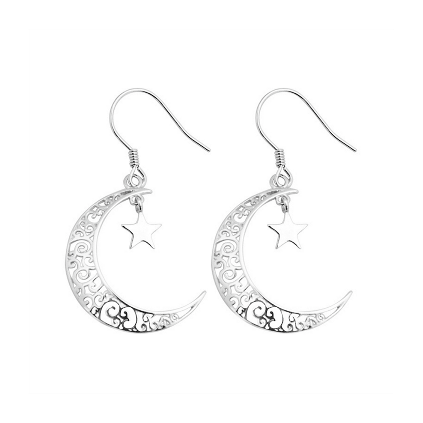 Sterling Silver Filigree Dangle Drop Earrings with Crescent Moon and Star - sugarkittenlondon