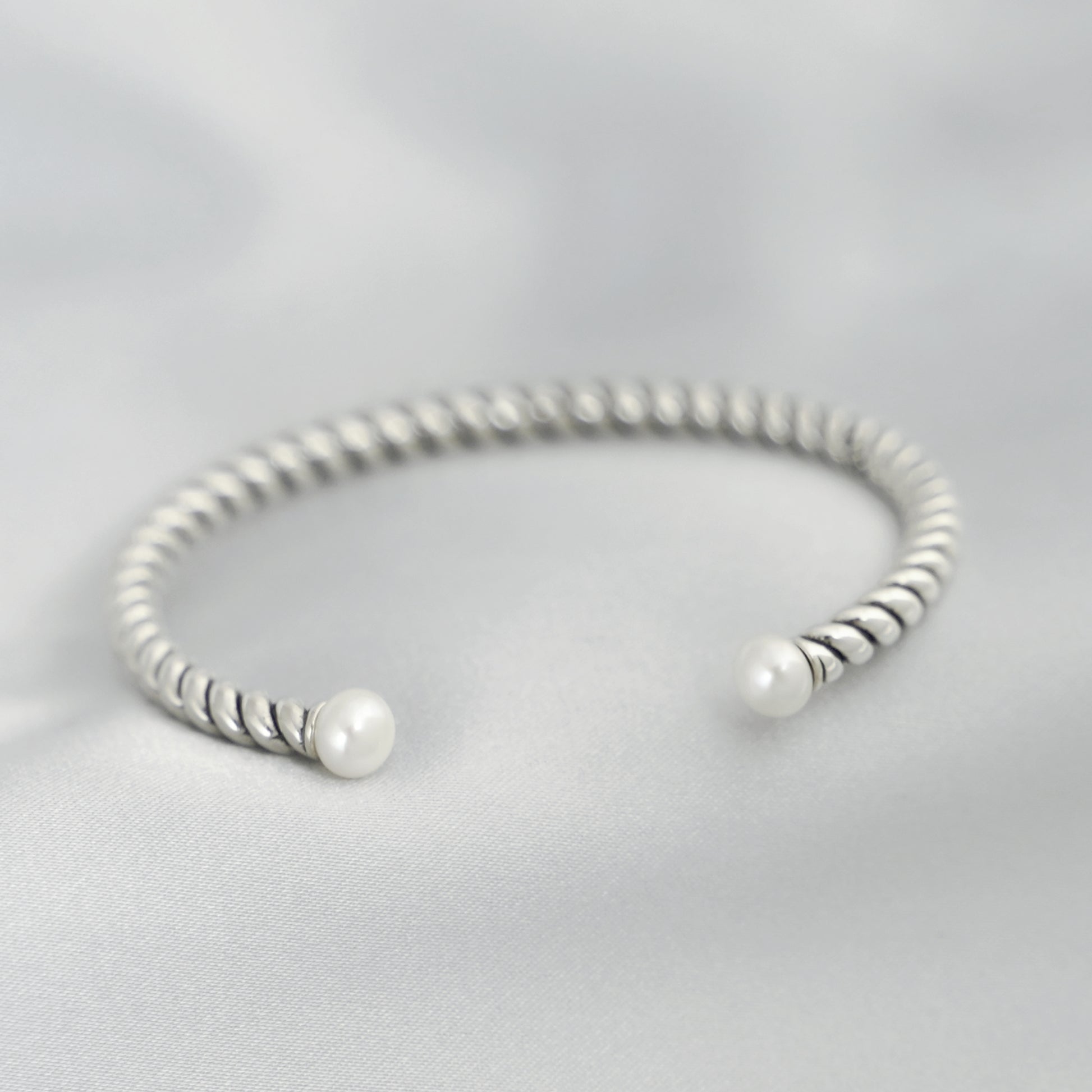 Sterling Silver Natural Freshwater Pearl Rope Torque Bangle with Full UK Hallmark - sugarkittenlondon