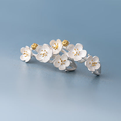 Sterling Silver and Gold Plum Blossom Stud Earrings - Dainty Flower Branch Line Design - sugarkittenlondon