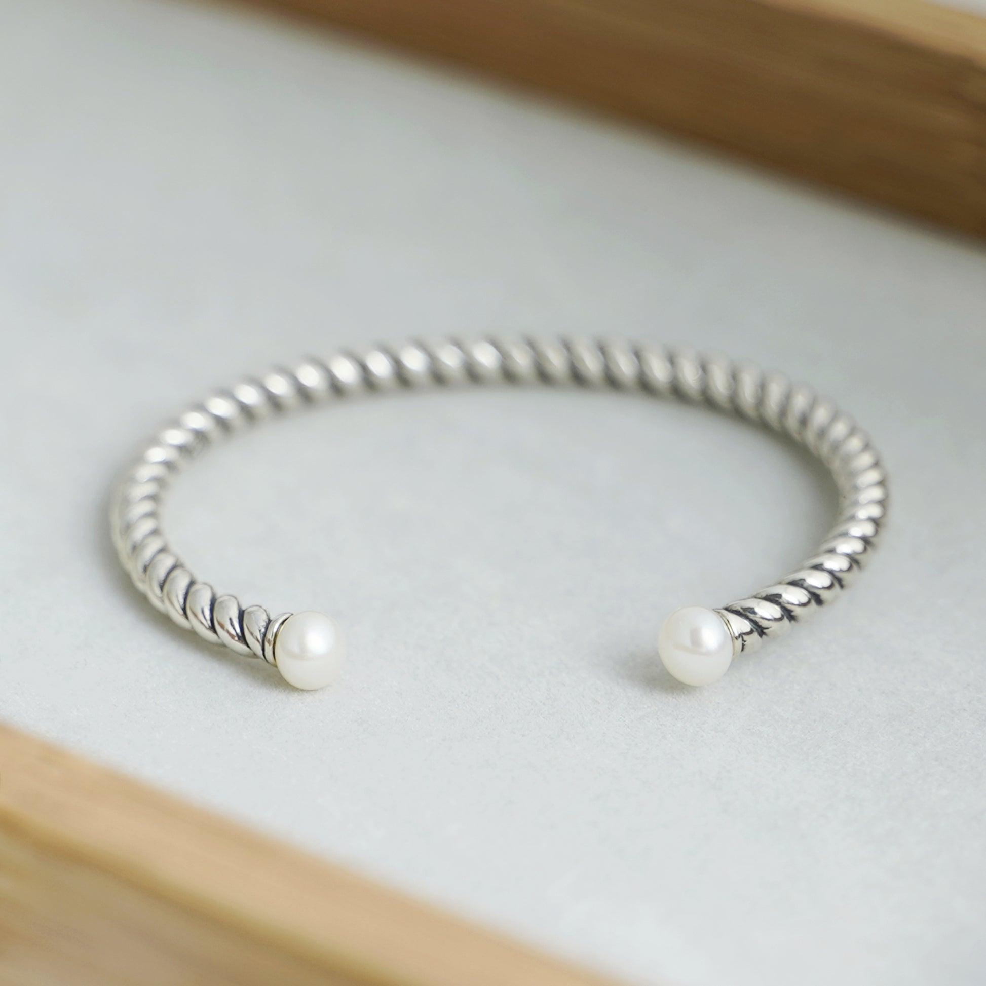 Sterling Silver Natural Freshwater Pearl Rope Torque Bangle with Full UK Hallmark - sugarkittenlondon