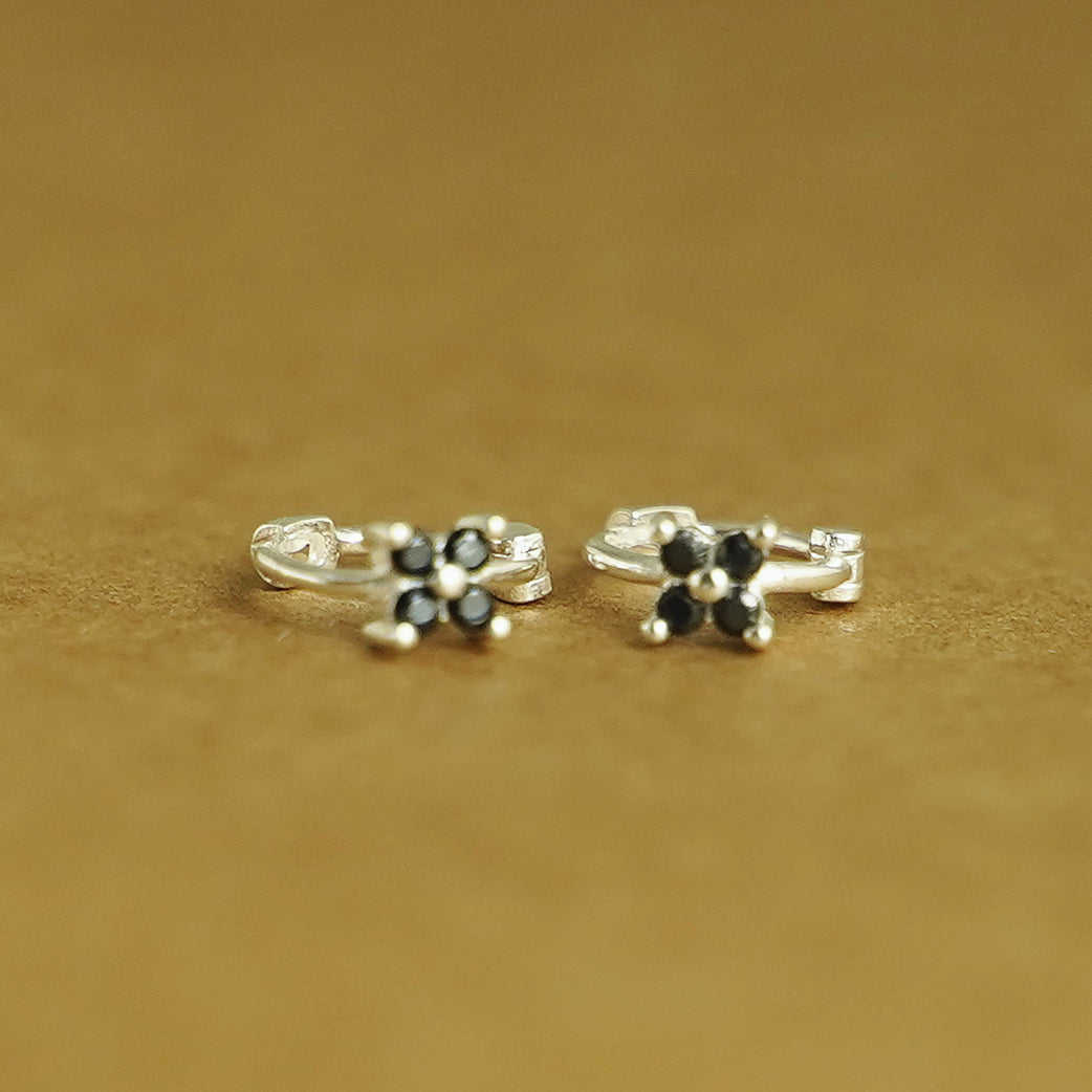 6mm Sterling Silver Flower CZ Huggie Hinged Earrings with Black Star - sugarkittenlondon