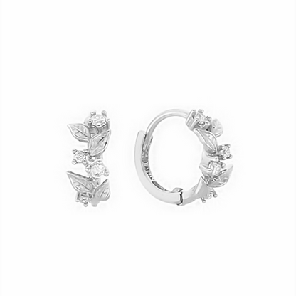 7mm Sterling Silver Hoop Earrings with Flower Branch Blossom Leaf CZ - sugarkittenlondon