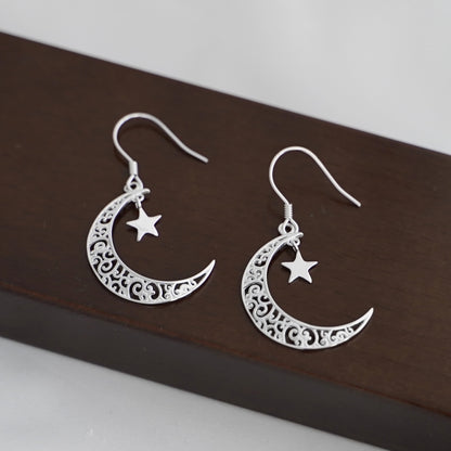 Sterling Silver Filigree Dangle Drop Earrings with Crescent Moon and Star - sugarkittenlondon