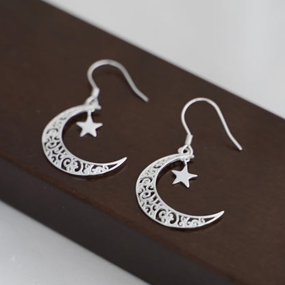 Sterling Silver Filigree Dangle Drop Earrings with Crescent Moon and Star - sugarkittenlondon