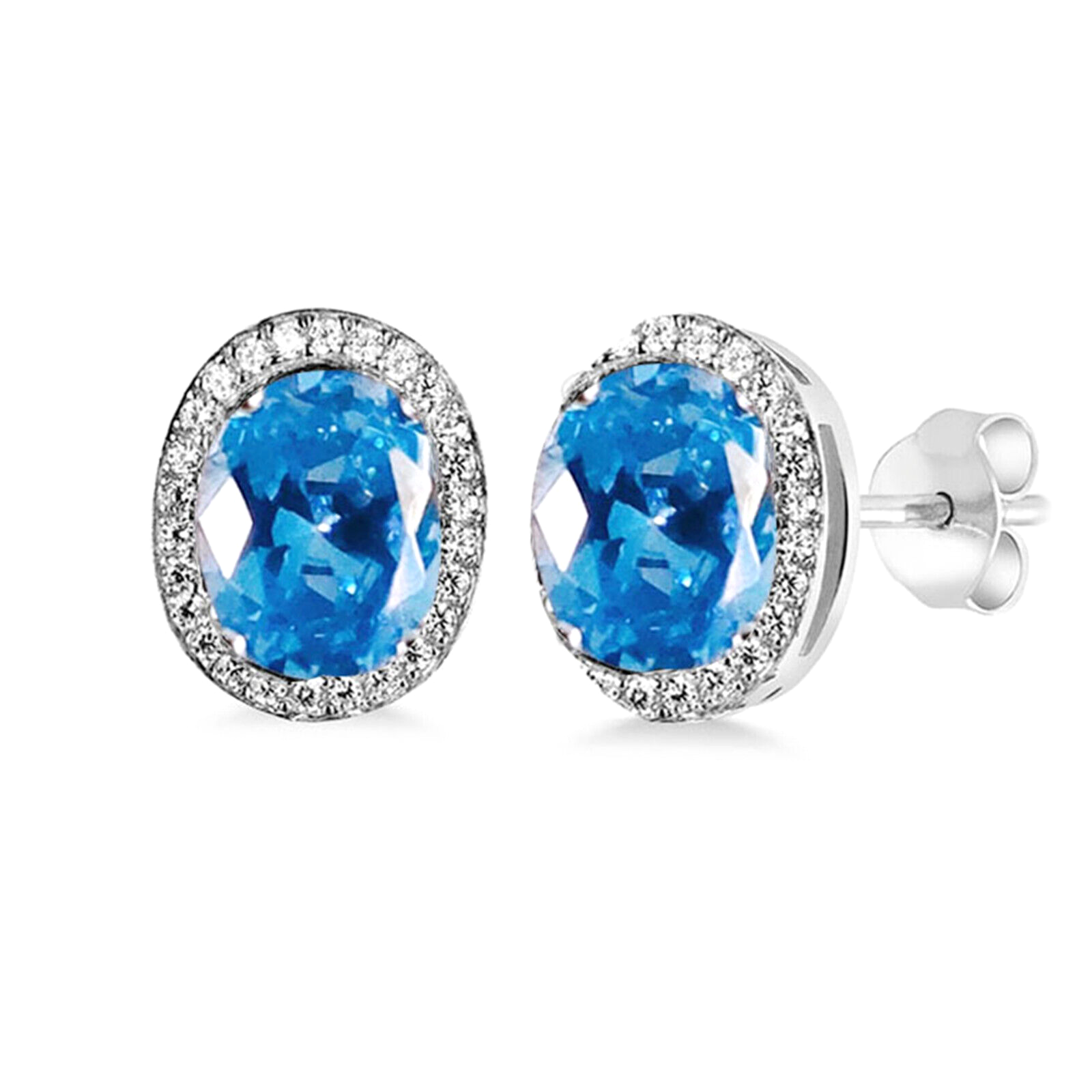 Sterling Silver Halo Earrings Light Blue Aquamarine Colour CZ - sugarkittenlondon