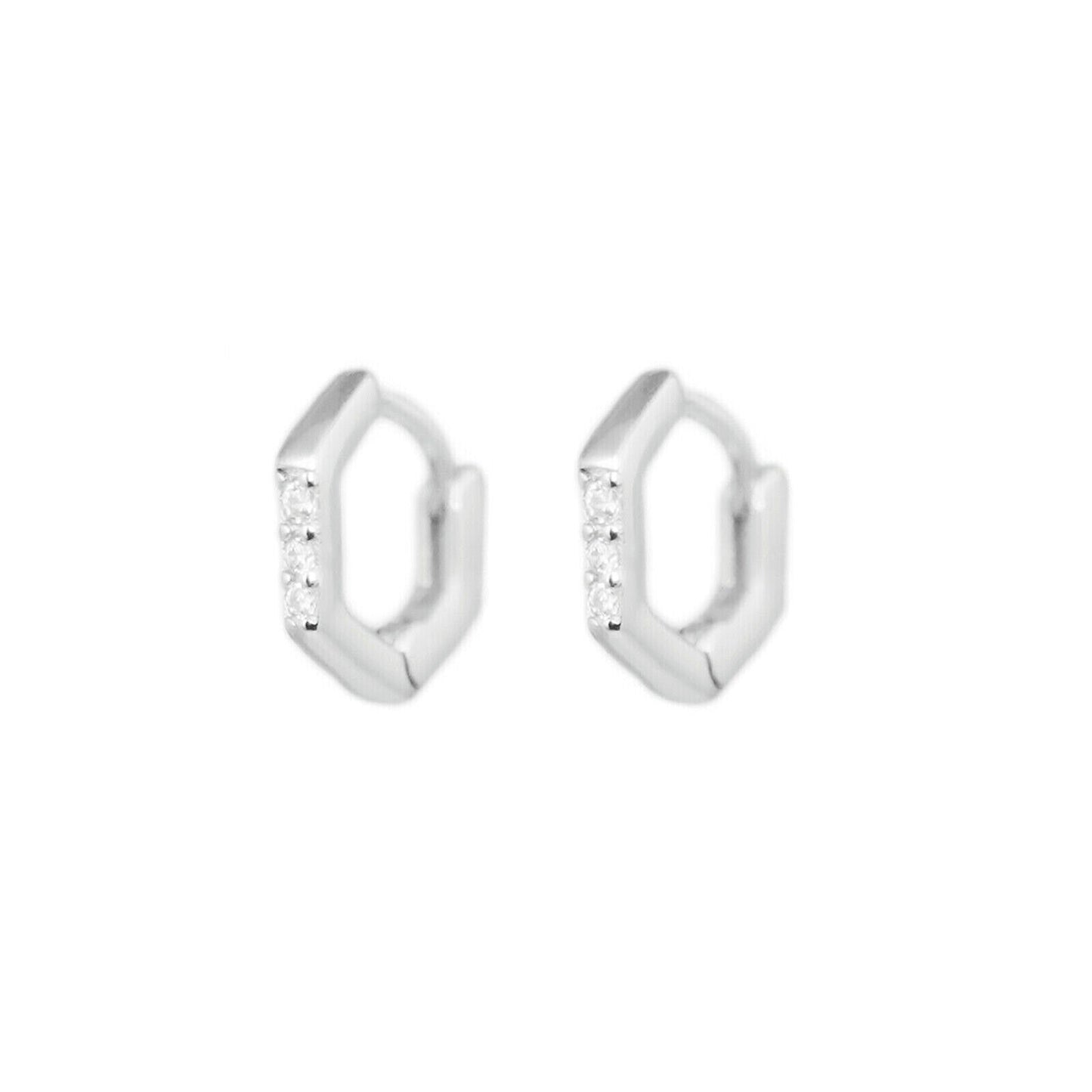 Sterling Silver Small 6.5mm Hoop Hexagon Pave CZ Huggie Hinged Cuff Earrings - sugarkittenlondon