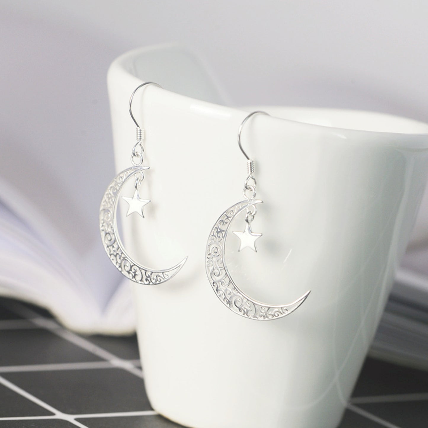 Sterling Silver Filigree Dangle Drop Earrings with Crescent Moon and Star - sugarkittenlondon