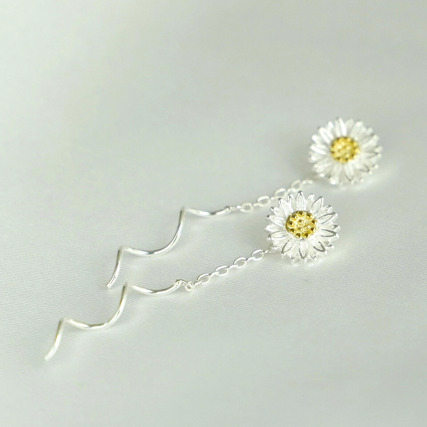 Sunflower Pull-Through Wave Threader Dangle Earrings in Sterling Silver - sugarkittenlondon