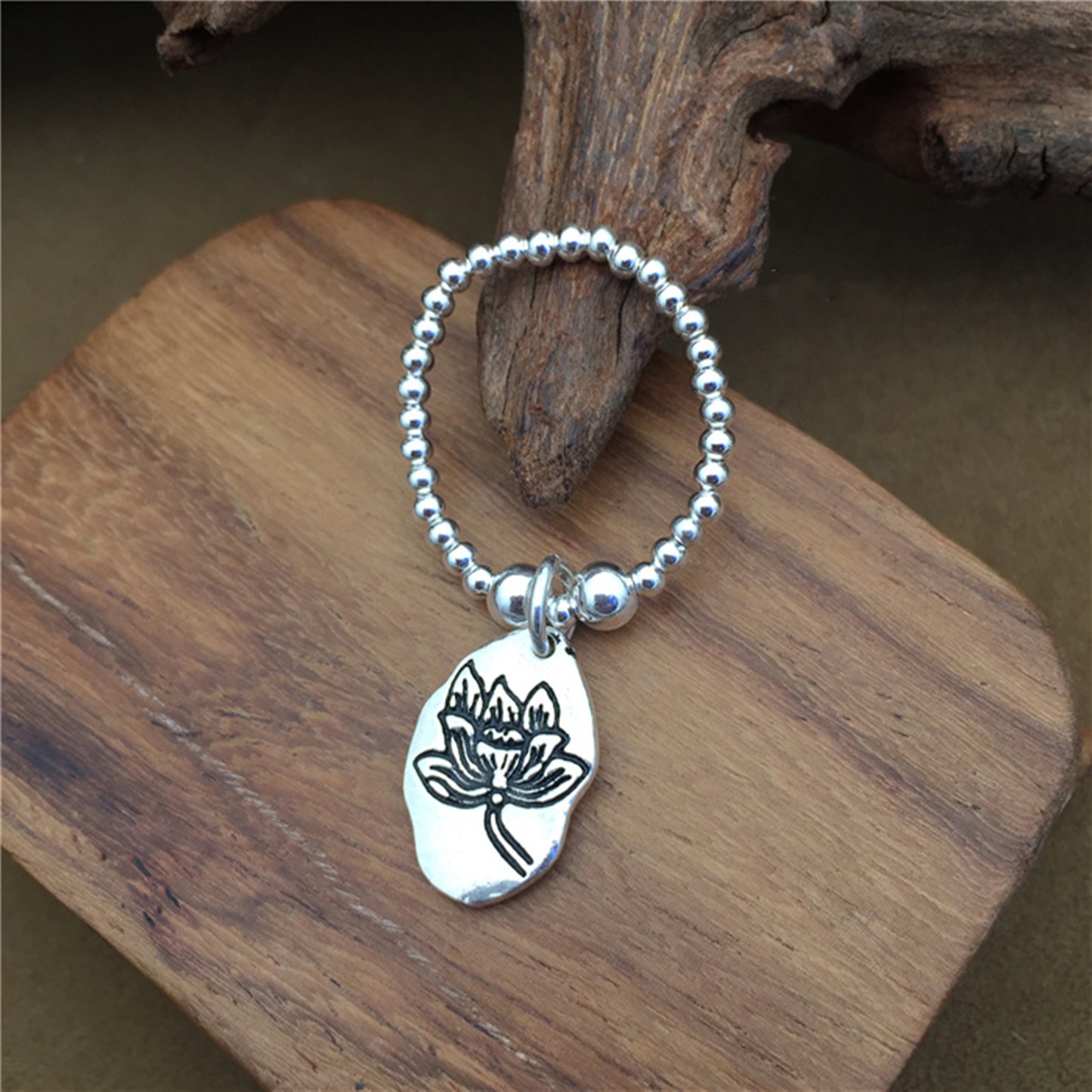 Lotus Flower Pendant Charm in Sterling Silver with Oxidized Finish - sugarkittenlondon
