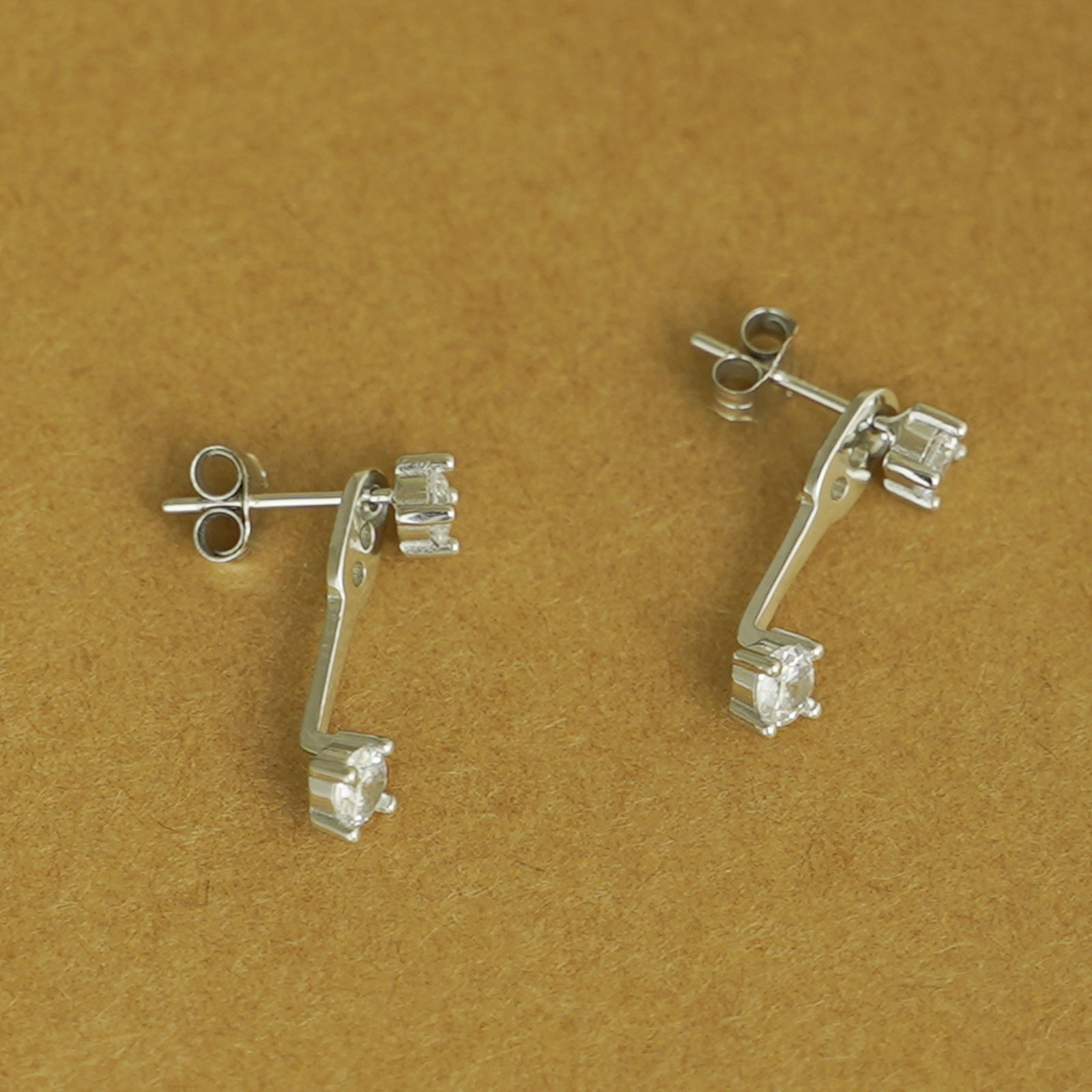 925 Sterling Silver Double 4mm CZ Bar Drop Jacket Hug Two Way Earrings - sugarkittenlondon