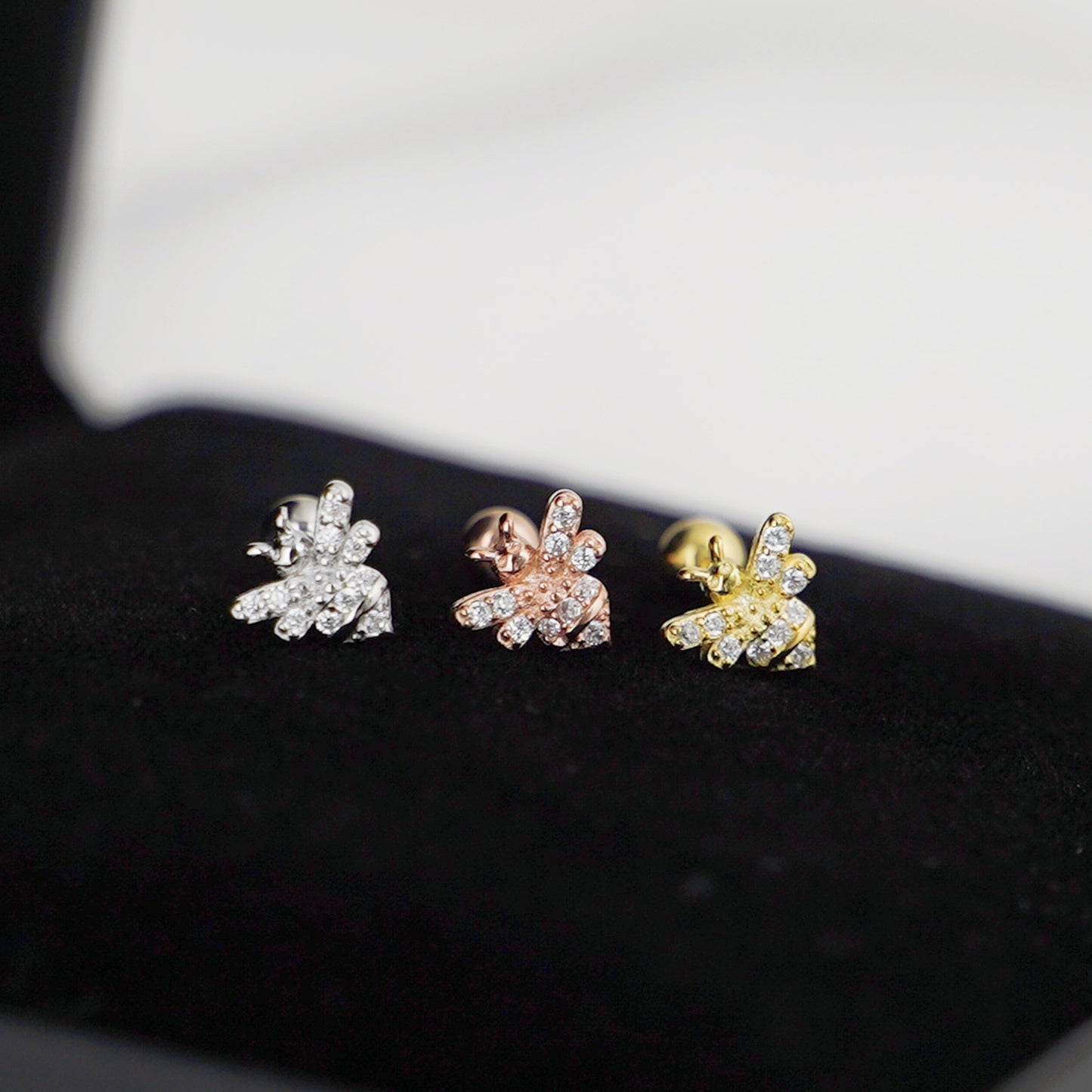 Bee Stud Earrings with CZ Beads and Screwbacks in Rose Gold, 18K Gold & Sterling silver - sugarkittenlondon