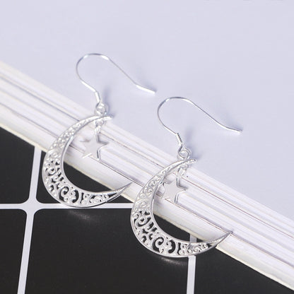 Sterling Silver Filigree Dangle Drop Earrings with Crescent Moon and Star - sugarkittenlondon