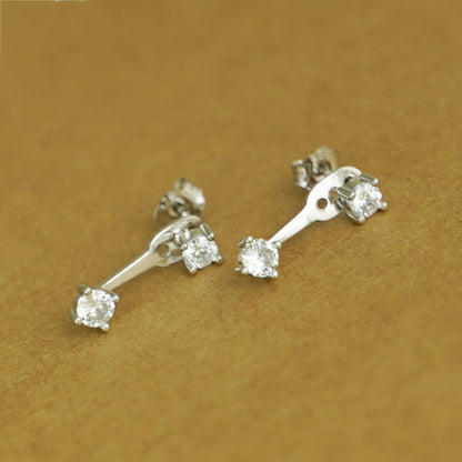 925 Sterling Silver Double 4mm CZ Bar Drop Jacket Hug Two Way Earrings - sugarkittenlondon