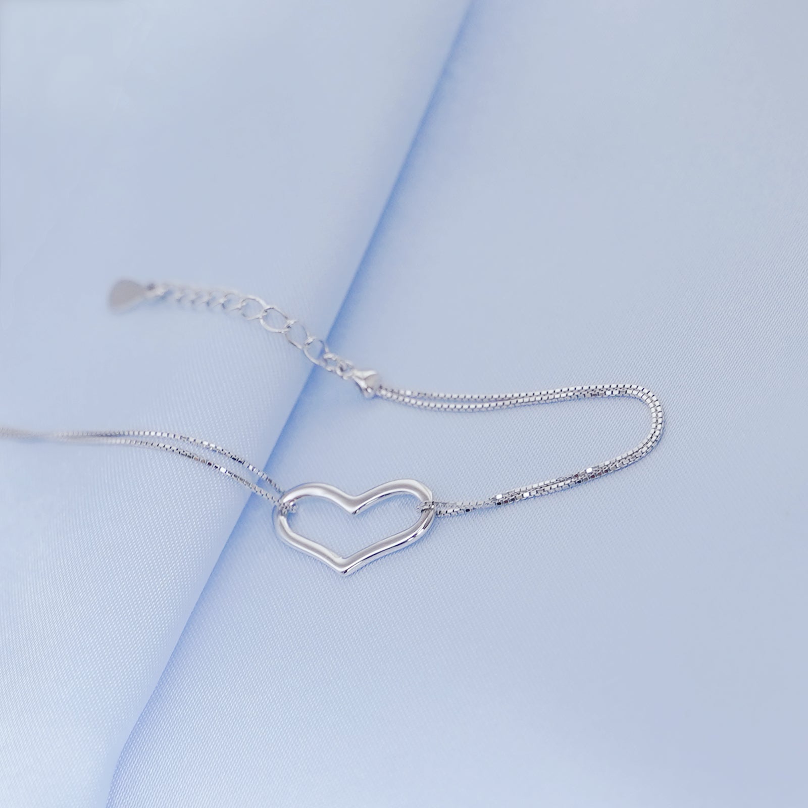 Rhodium on Sterling Silver Floating Love Heart Bracelet with Double Box Chain - sugarkittenlondon