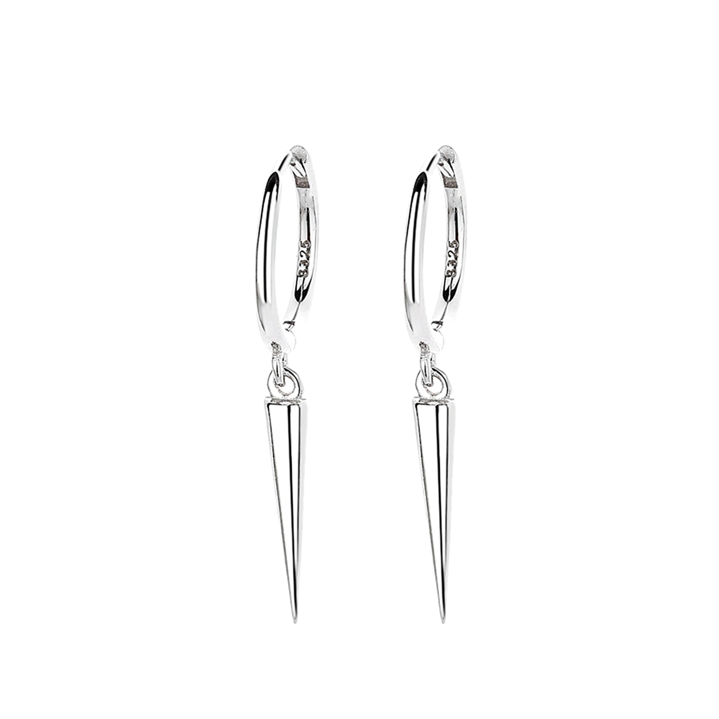 Sterling Silver Hinged Hoop Earrings with Long Drop and Cone Spike Charm - sugarkittenlondon