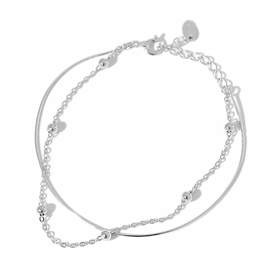 Rhodium on Sterling Silver 3mm Bead Ball Snake Chain Adjustable 2 Layers Bracelet - sugarkittenlondon